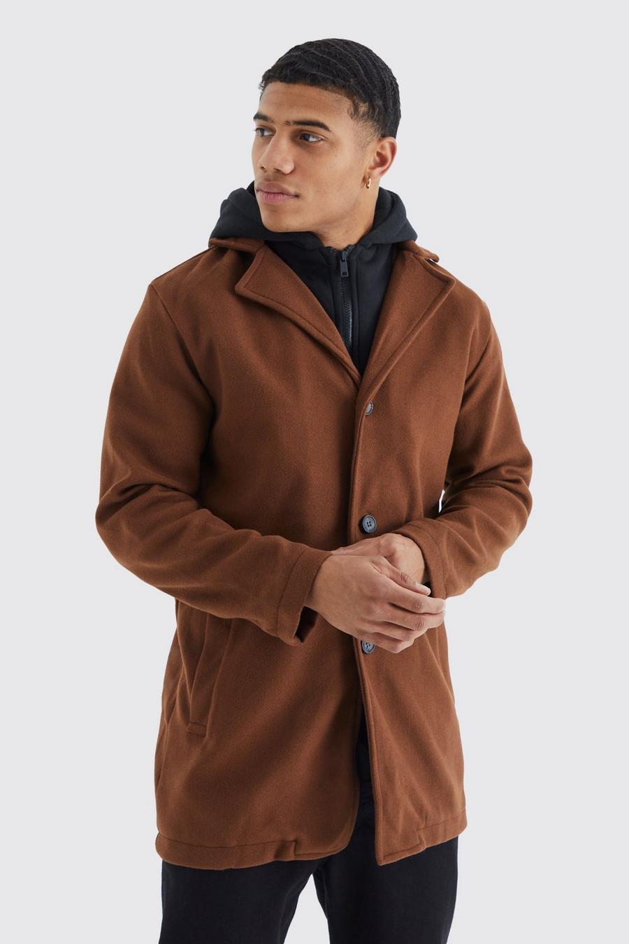 Tan Single Breasted Wool Mix Overcoat With Hood
