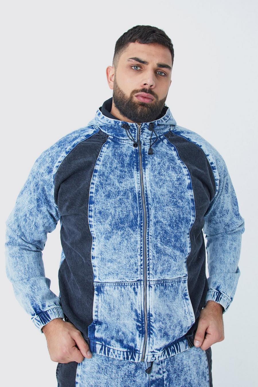 Sudadera Plus vaquera con capucha, cremallera y lavado de ácido, Light blue