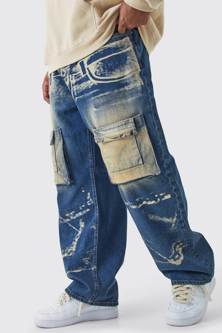 Jeans Plus Size rilassati in denim rigido con raggi X in lavaggio acido, Antique wash