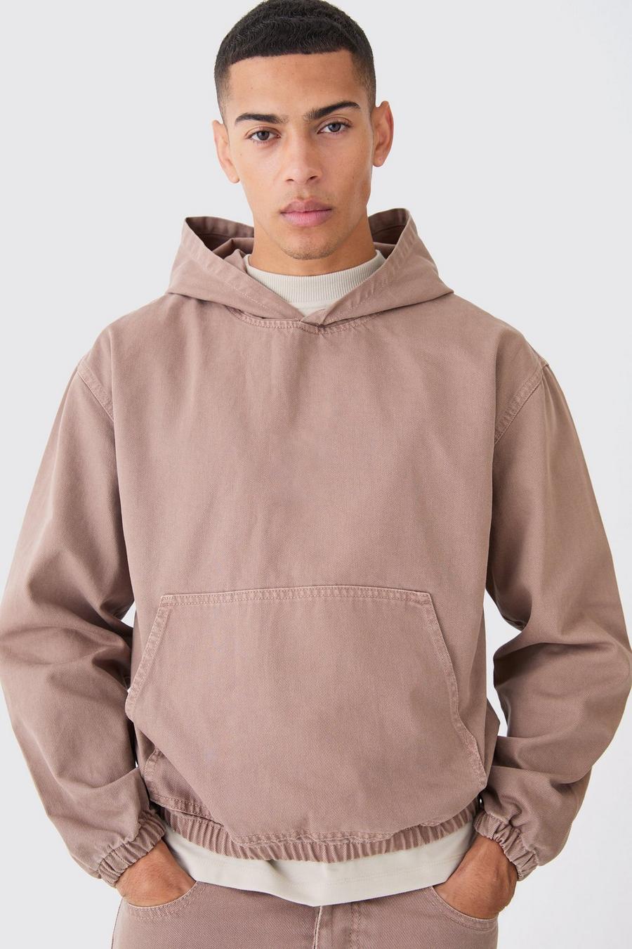 Brown Overdyed Denim Boxy Fit Hoodie image number 1