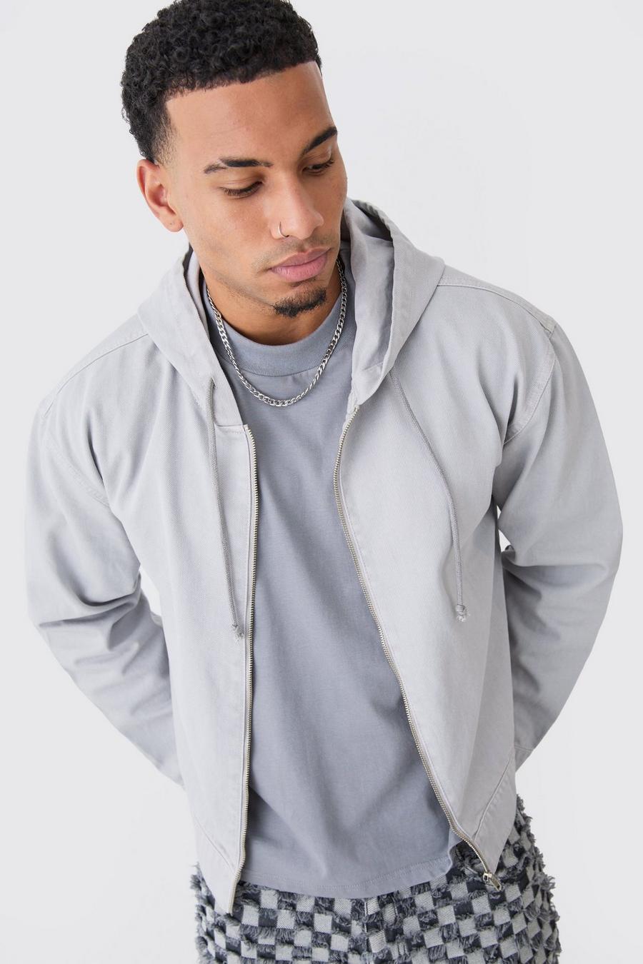 Light grey Overdyed Denim Boxy Fit Zip Through Hoodie