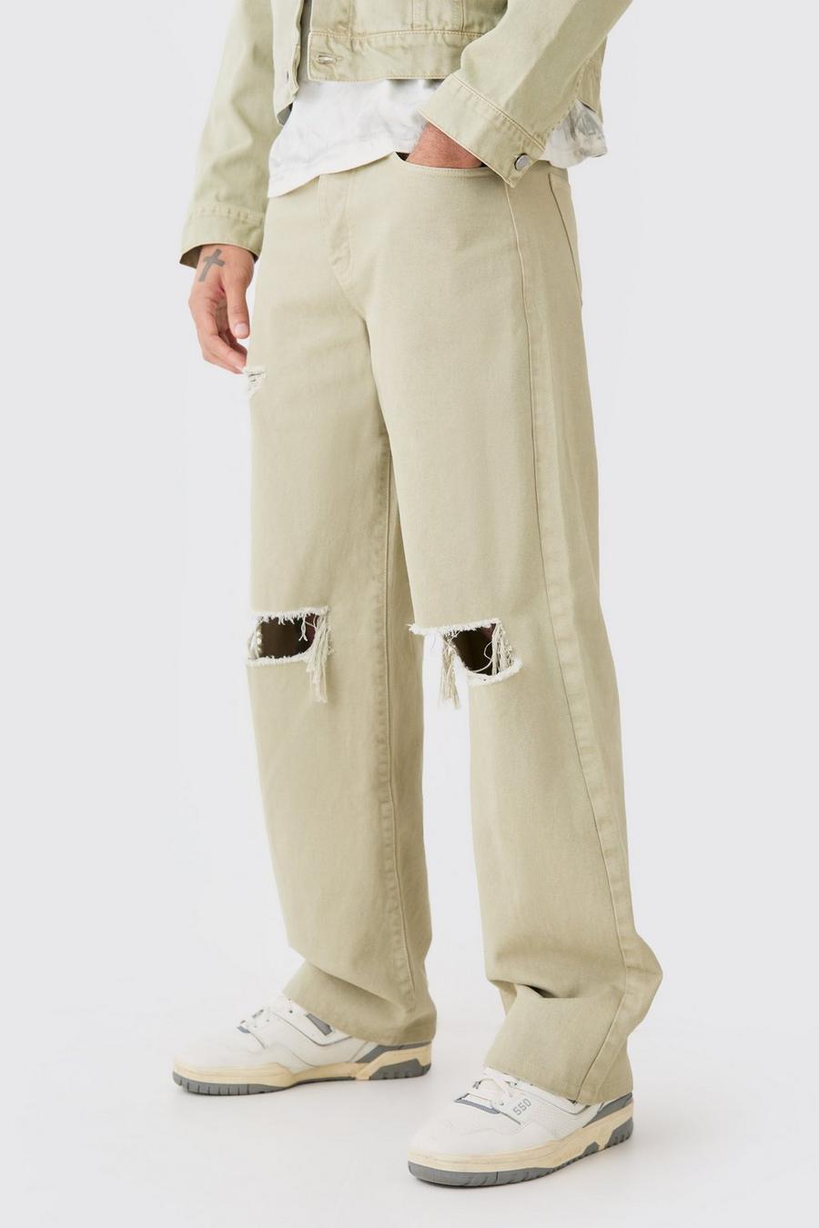 Jeans extra comodi in denim rigido sovratinto con strappi sul ginocchio, Sage image number 1