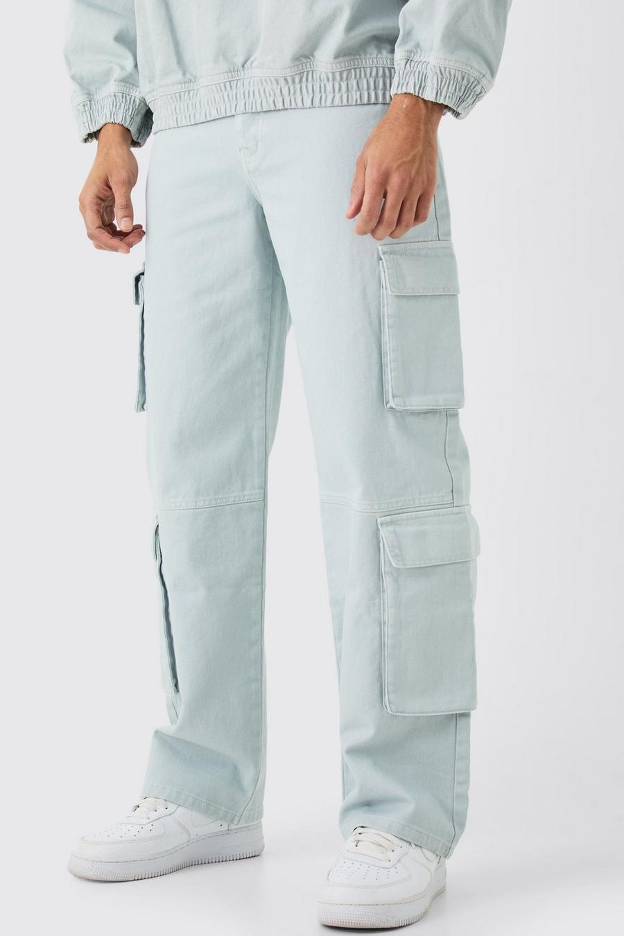 Jeans extra comodi in denim rigido sovratinto con tasche Cargo, Ice blue
