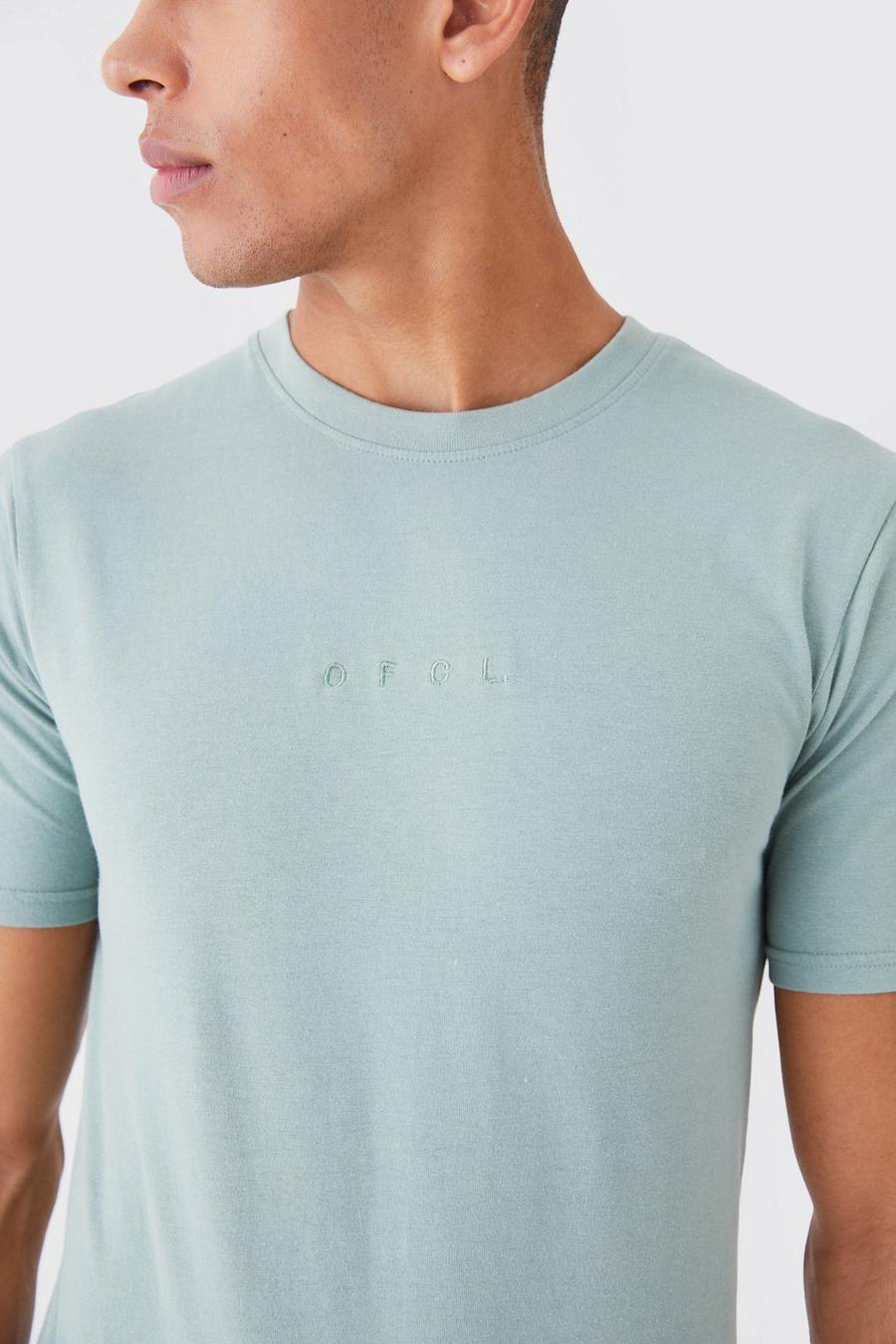 Camiseta Ofcl ajustada al músculo con lavado a la piedra y cuello de caja, Sage