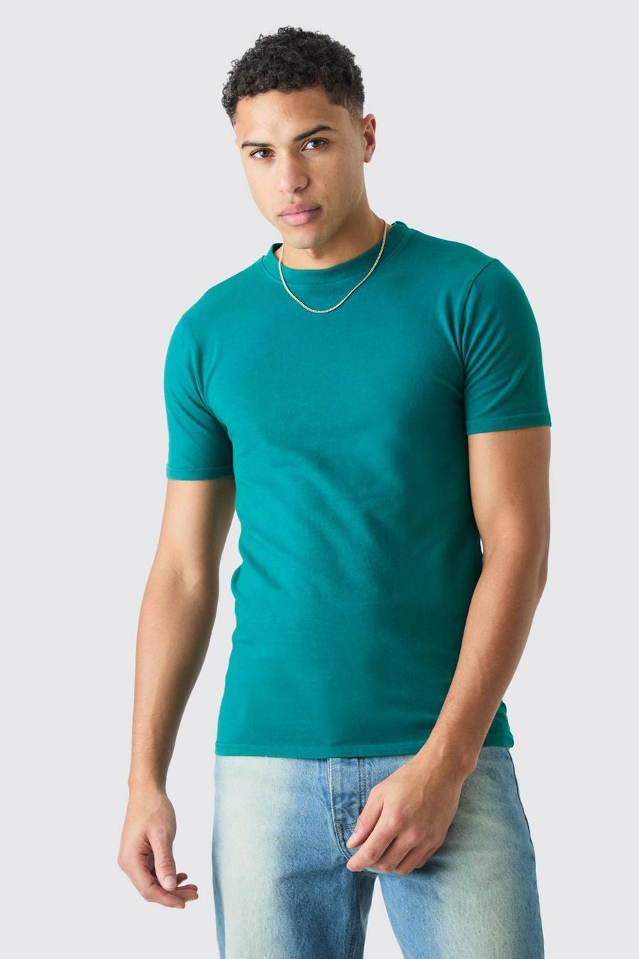 Camiseta ajustada al músculo con lavado a la piedra y cuello de caja, Teal