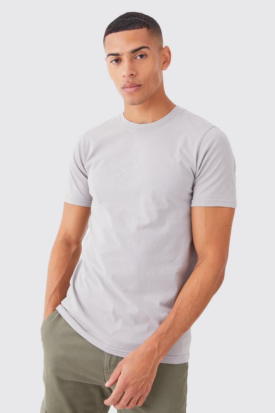 Camiseta ajustada MAN desteñida con cuello de caja, Light grey