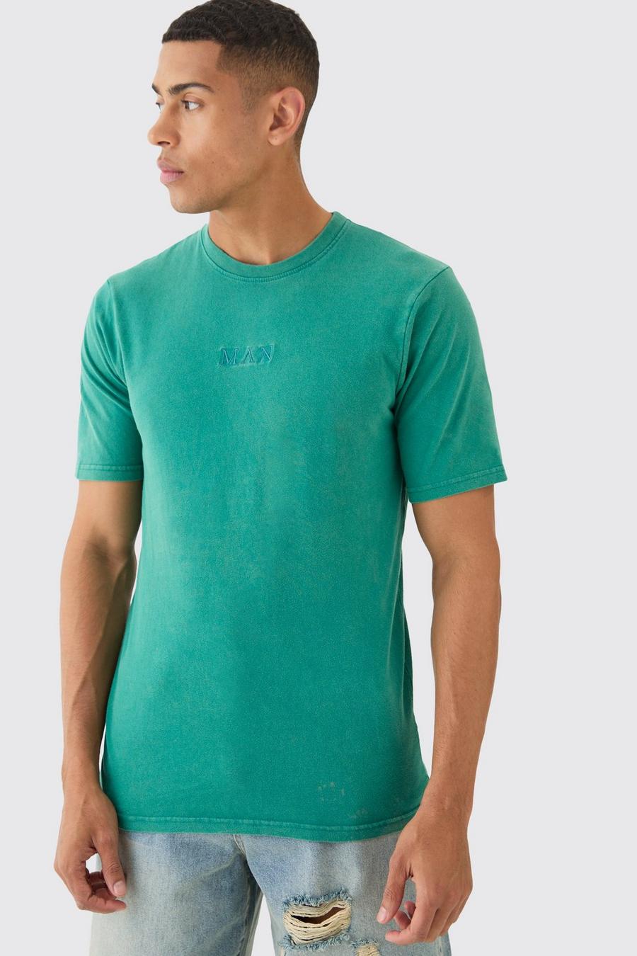 T-shirt a girocollo Man slavata con caratteri romani, Teal