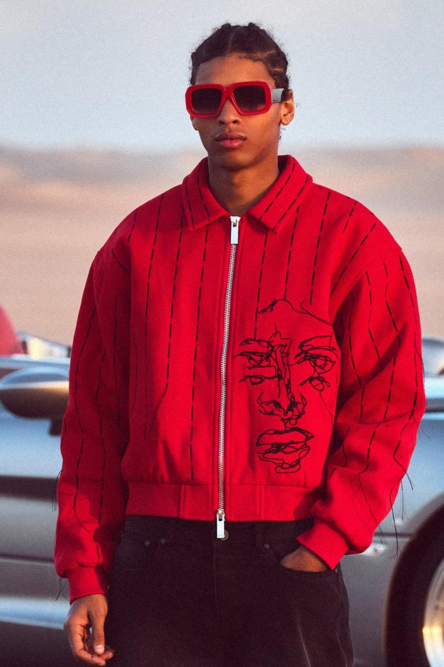Red Boxy Fit Face Embroidered Bomber