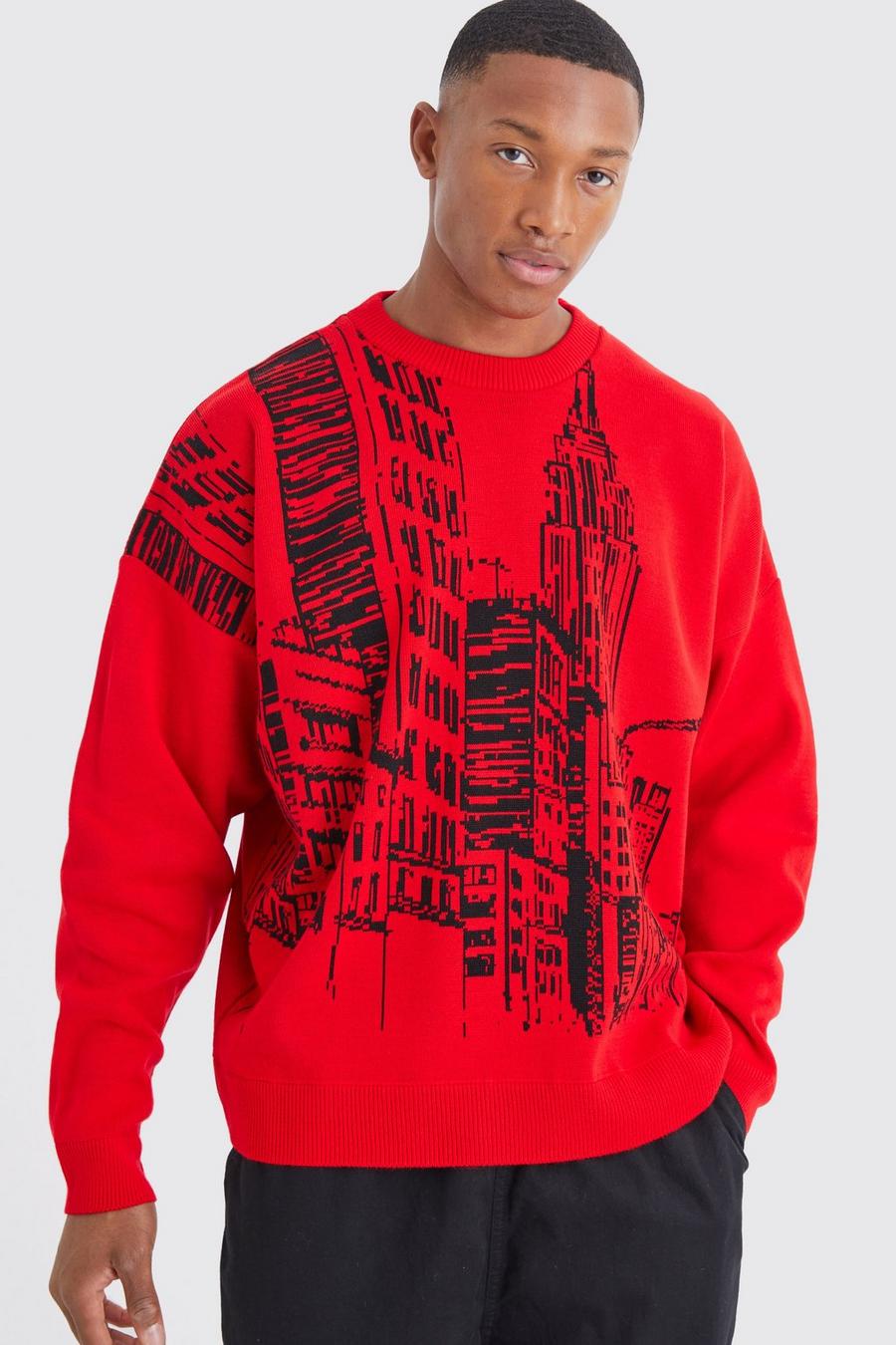 Maglione oversize in maglia con scena di città, Red