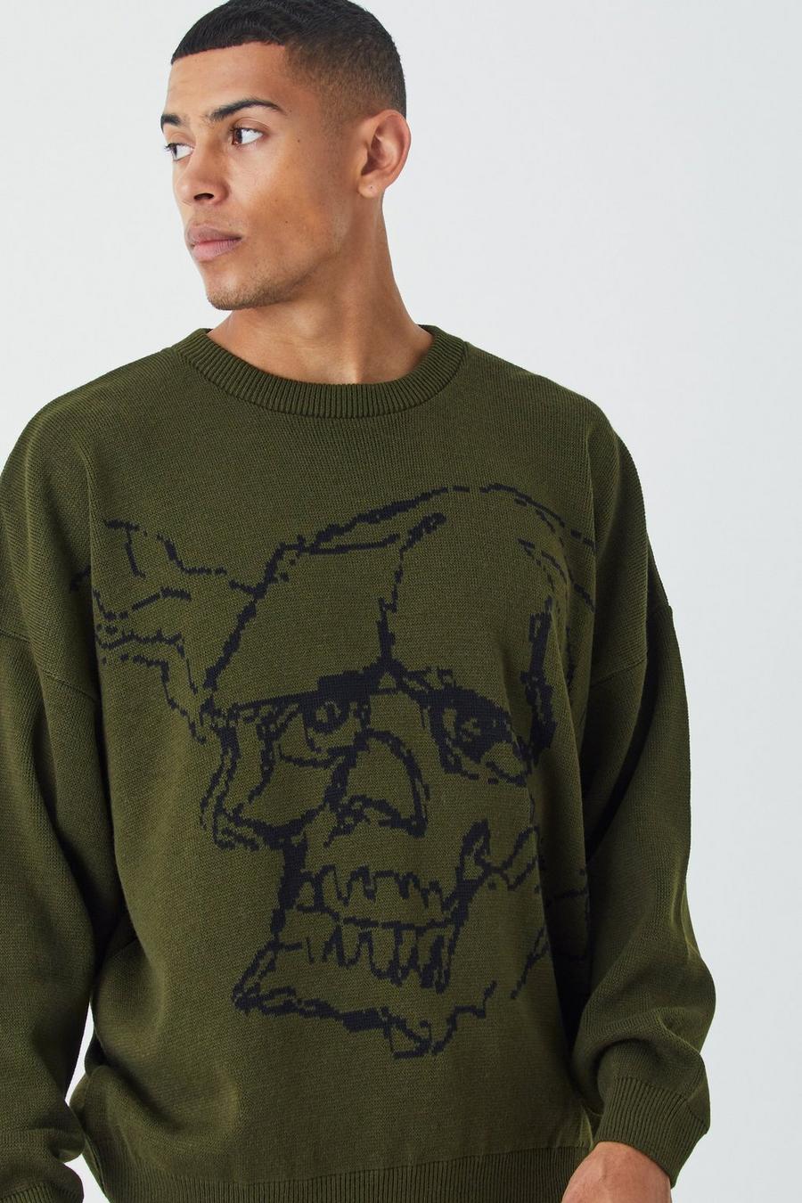 Khaki Oversized Line Graphic Skull Knitted Jumper