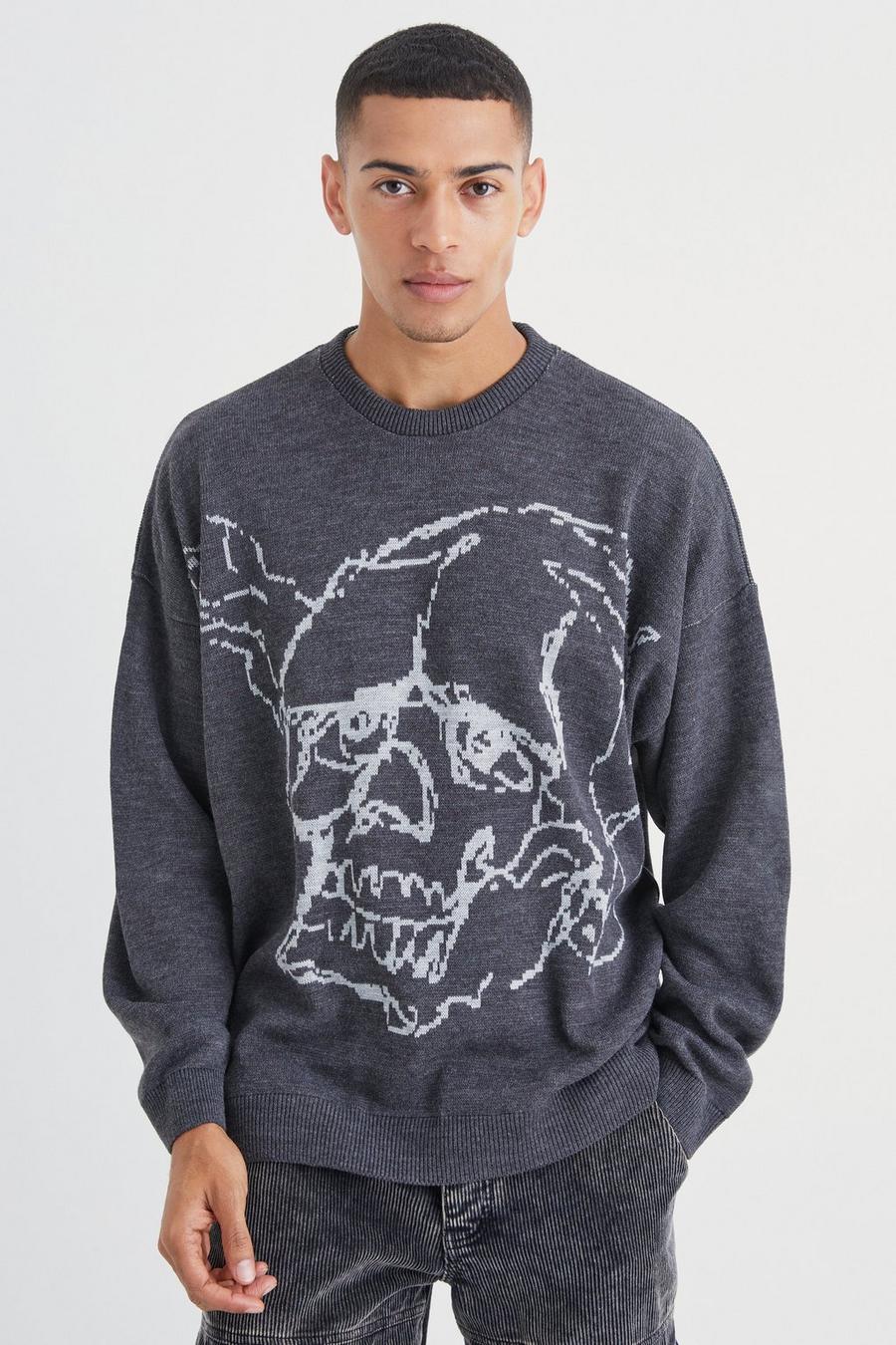 Charcoal Oversized Line Graphic Skull Knitted Jumper