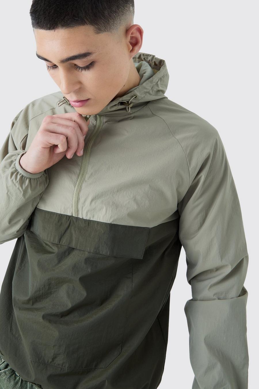 Colorblock Regenjacke mit Kapuze und halbem Reißverschluss, Khaki