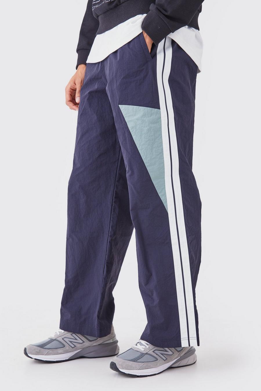 Pantalones de chándal de pernera ancha con paneles, Navy