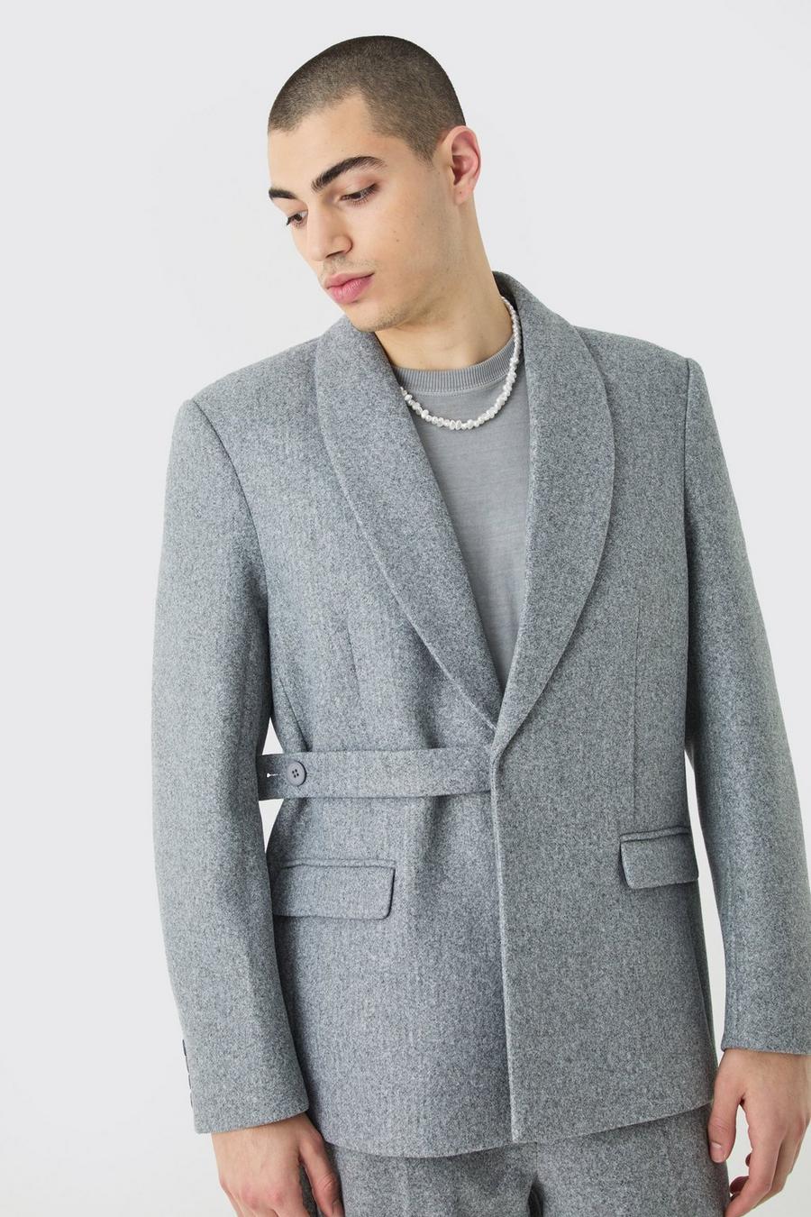 Grey Oversized Wollen Melton Blazer Met Bandjes