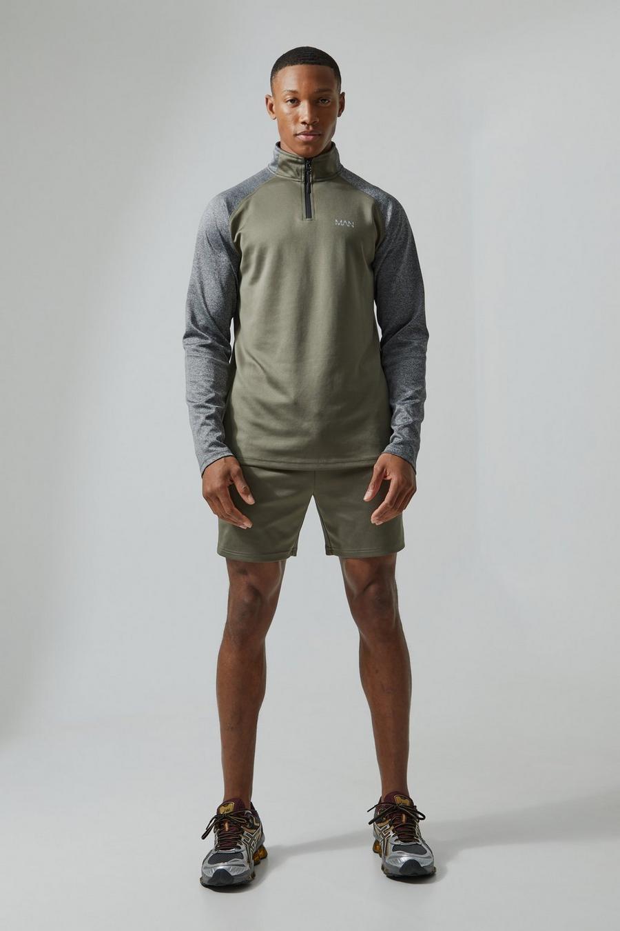 Man Active Gym Shorts-Set mit Trichterkragen, Khaki