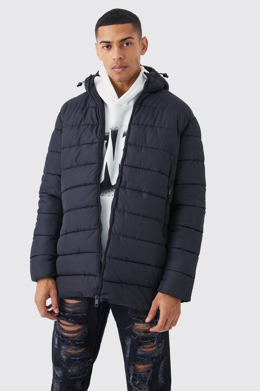 Black Quilted Longline Puffer With Hood