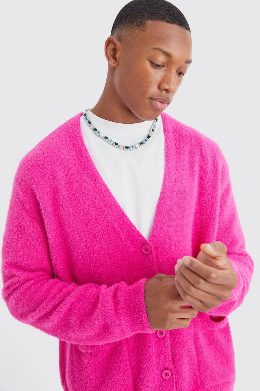 Hot pink Boxy Fluffy Knitted Cardigan image number 1