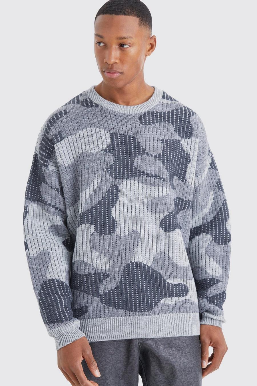 Grey Oversized Ribbed Camo Knited Jumper