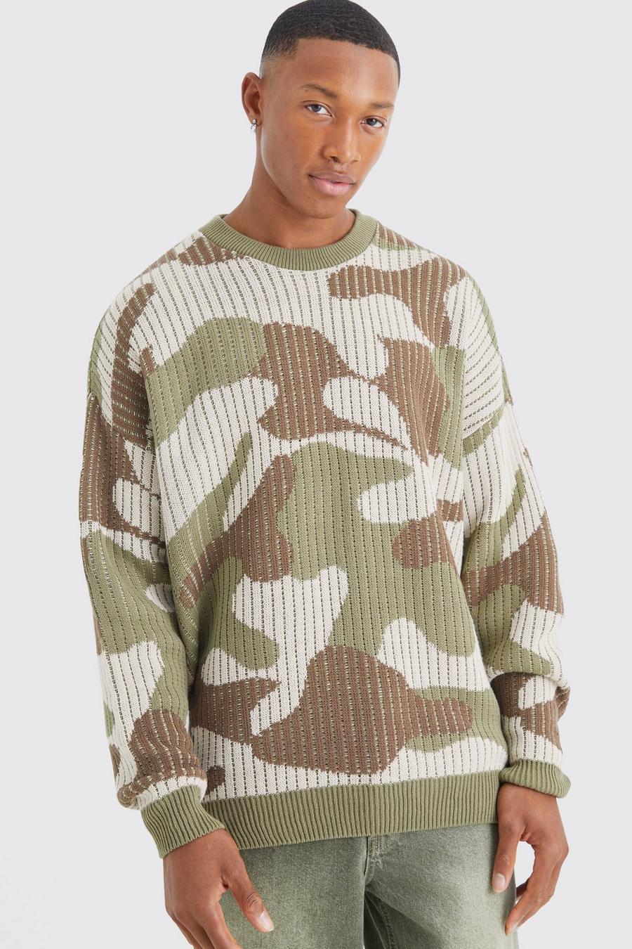 Gerippter Oversize Camouflage-Strickpullover, Khaki