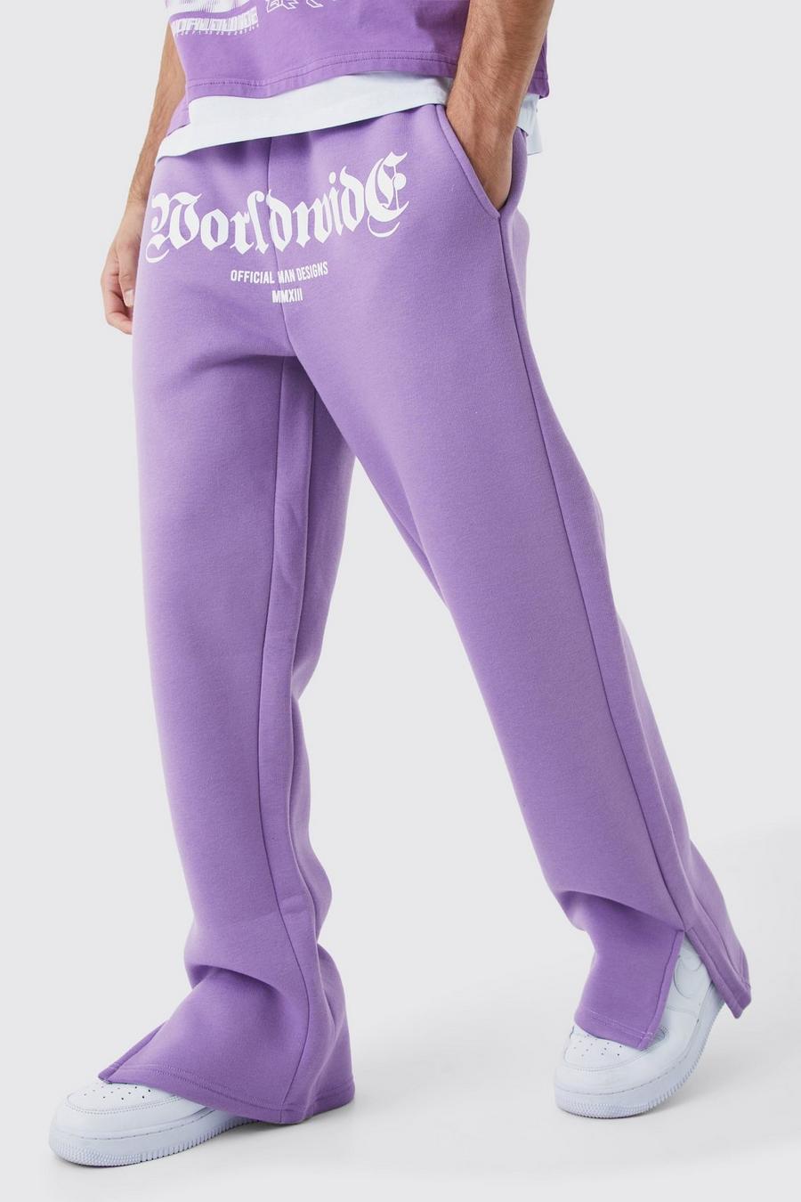 Pantalón deportivo con abertura en el bajo y estampado Worldwide en la entrepierna, Lilac