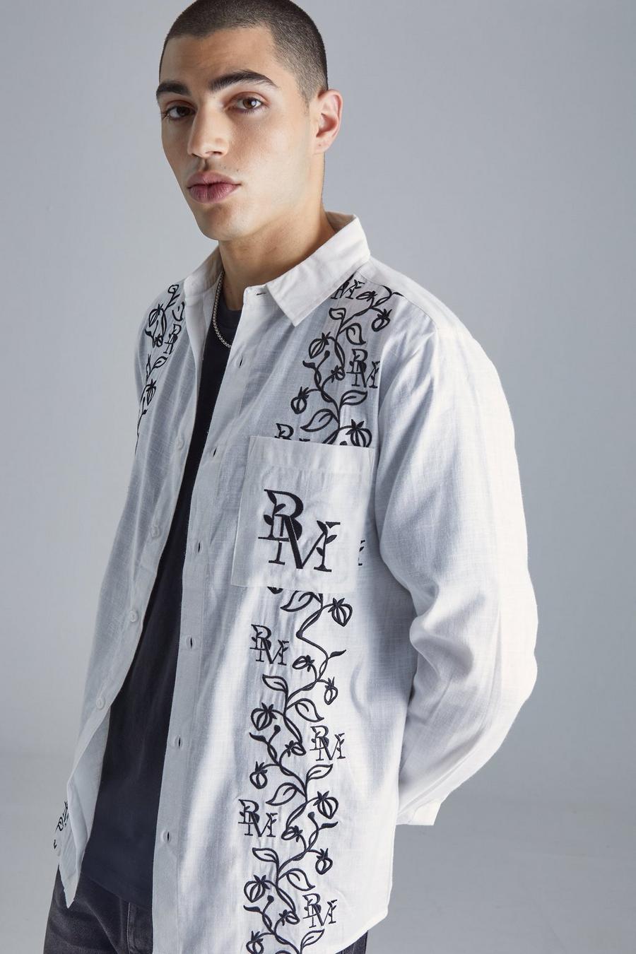 White Long Sleeve Poplin Vine Embroidery Shirt image number 1