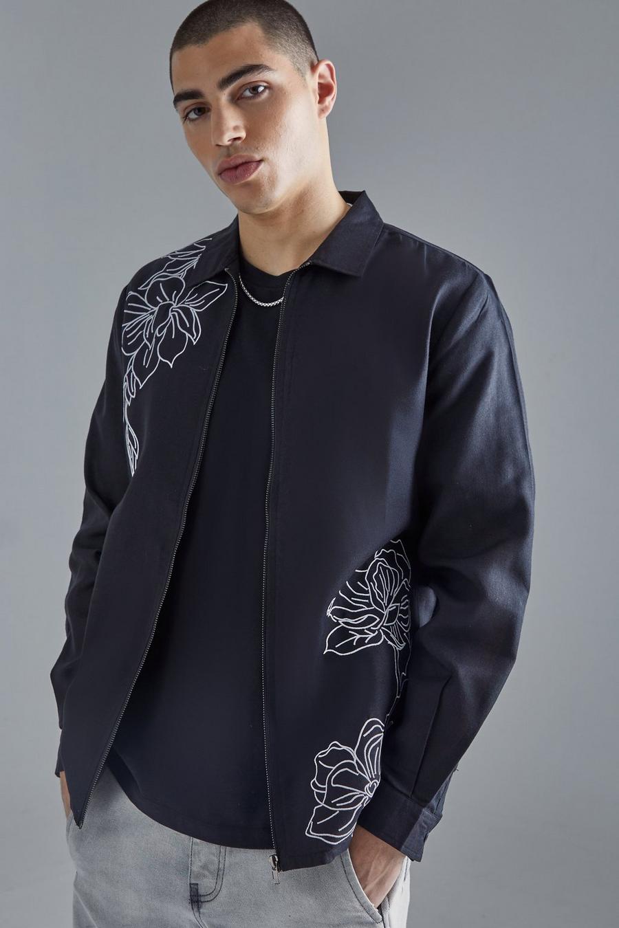 Black Long Sleeve Poplin Tonal Embroidery Zip Shirt