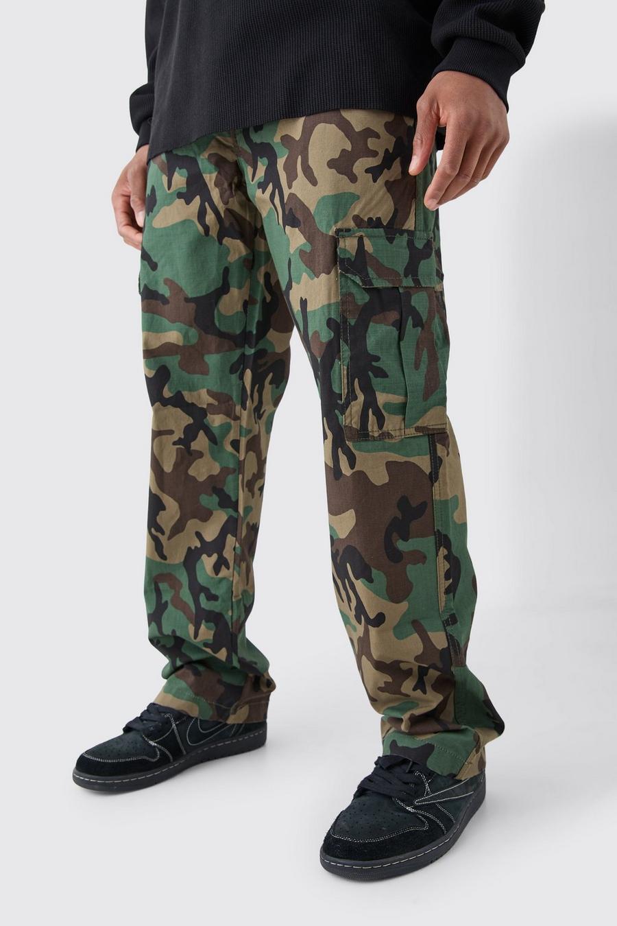 Pantalon cargo large à imprimé camouflage, Khaki
