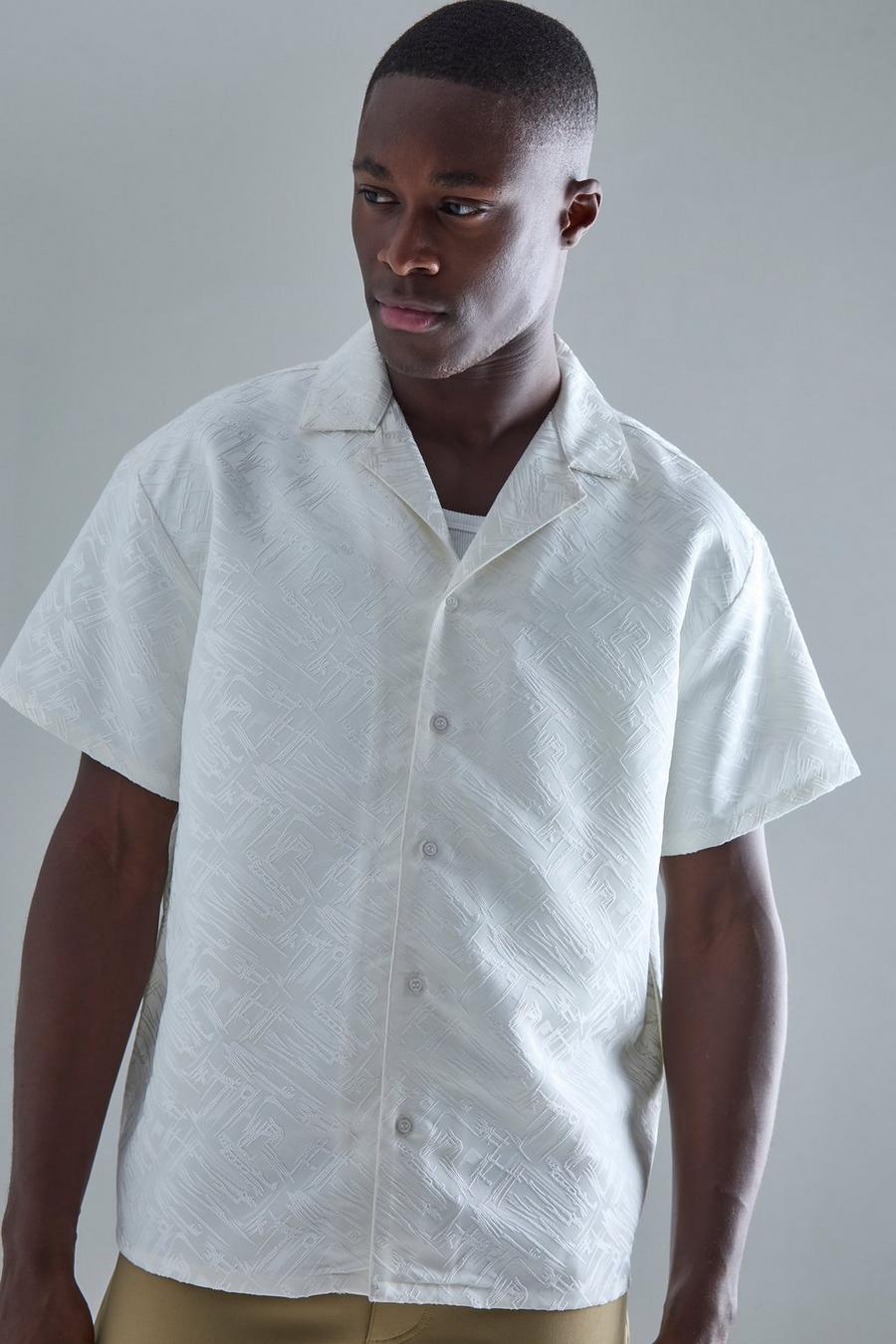 Kurzärmliges strukturiertes kastiges Hemd mit Streifen, White