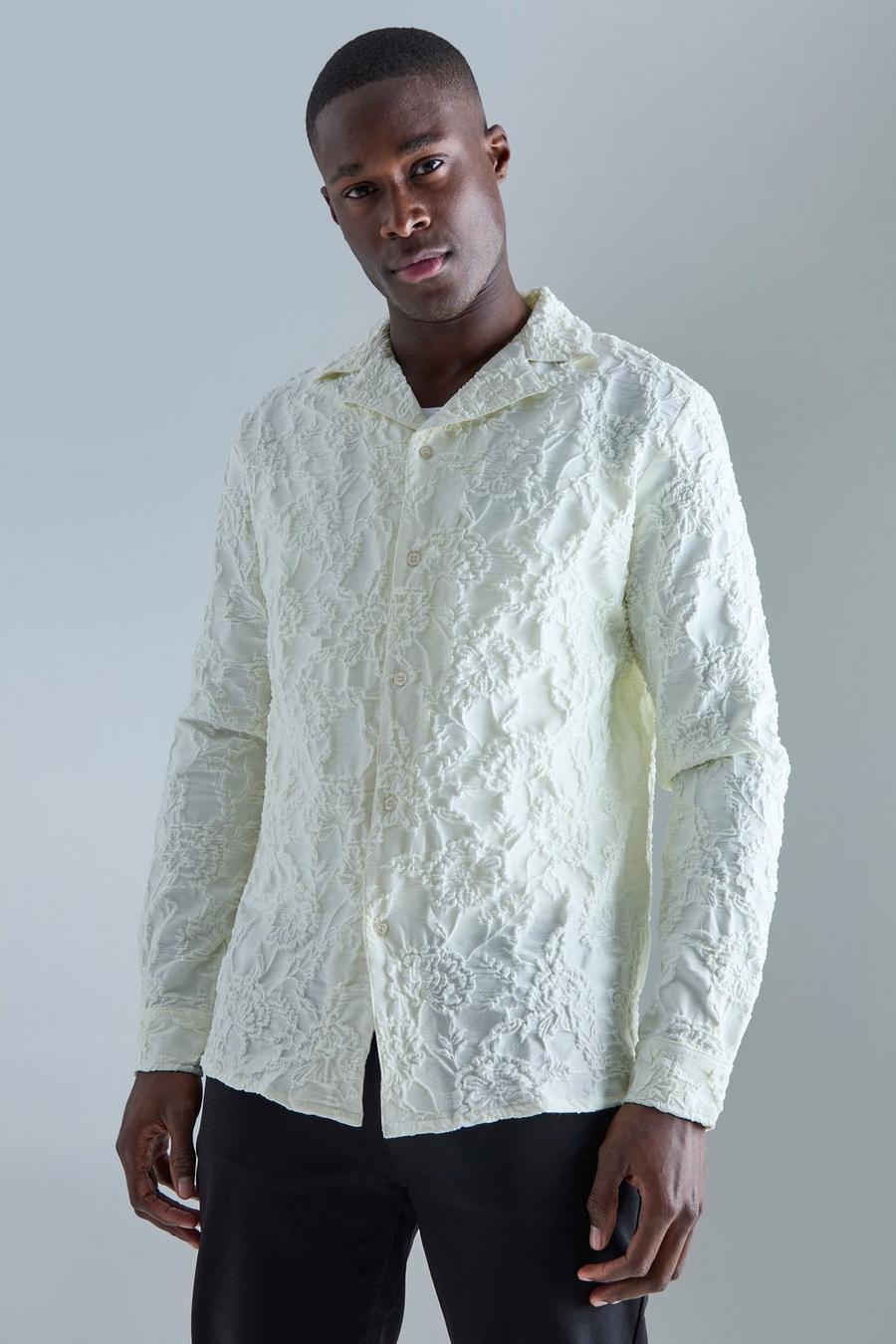Camisa de manga larga texturizada con estampado de flores, White