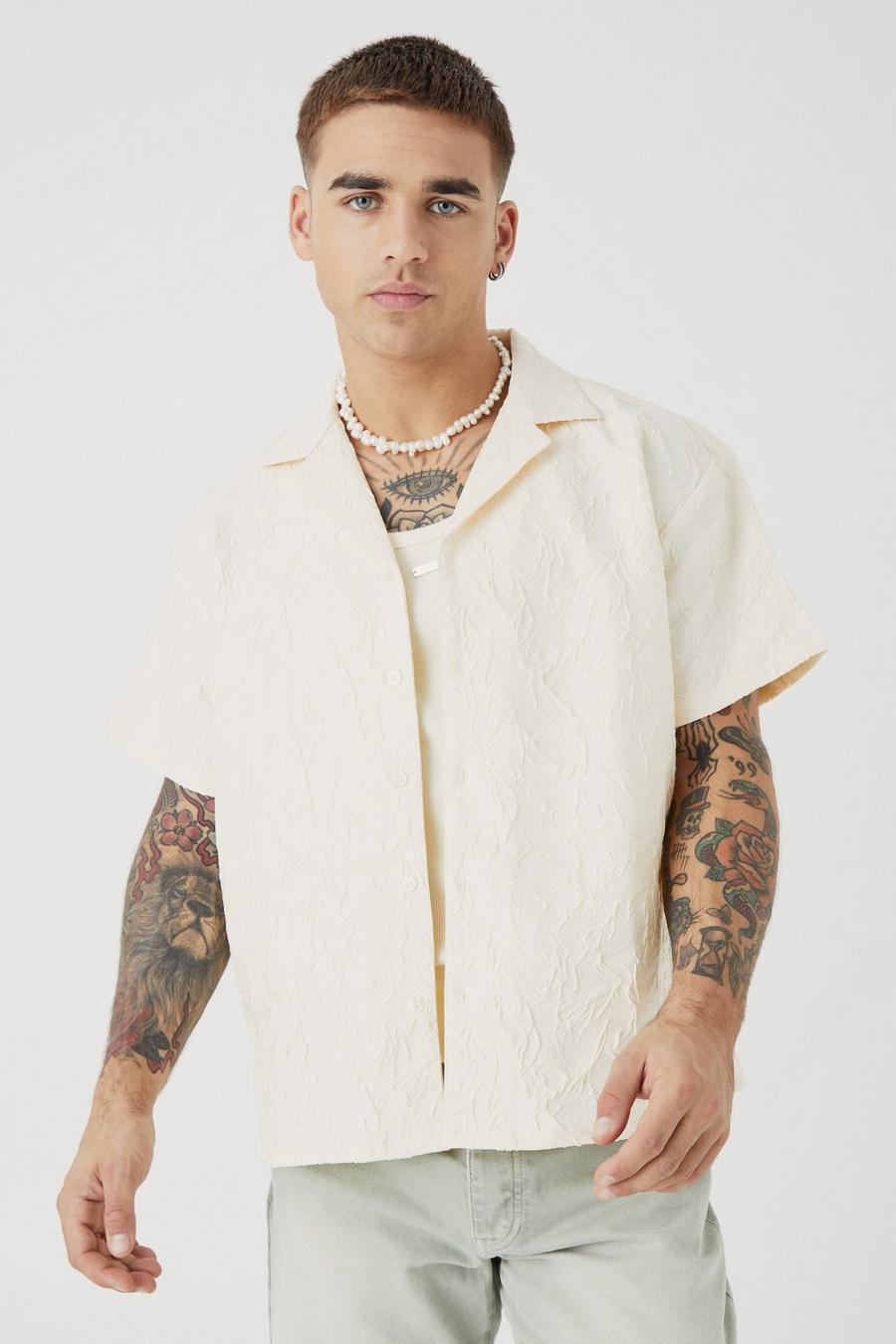 White Short Sleeve Boxy Tonal Texture Shirt