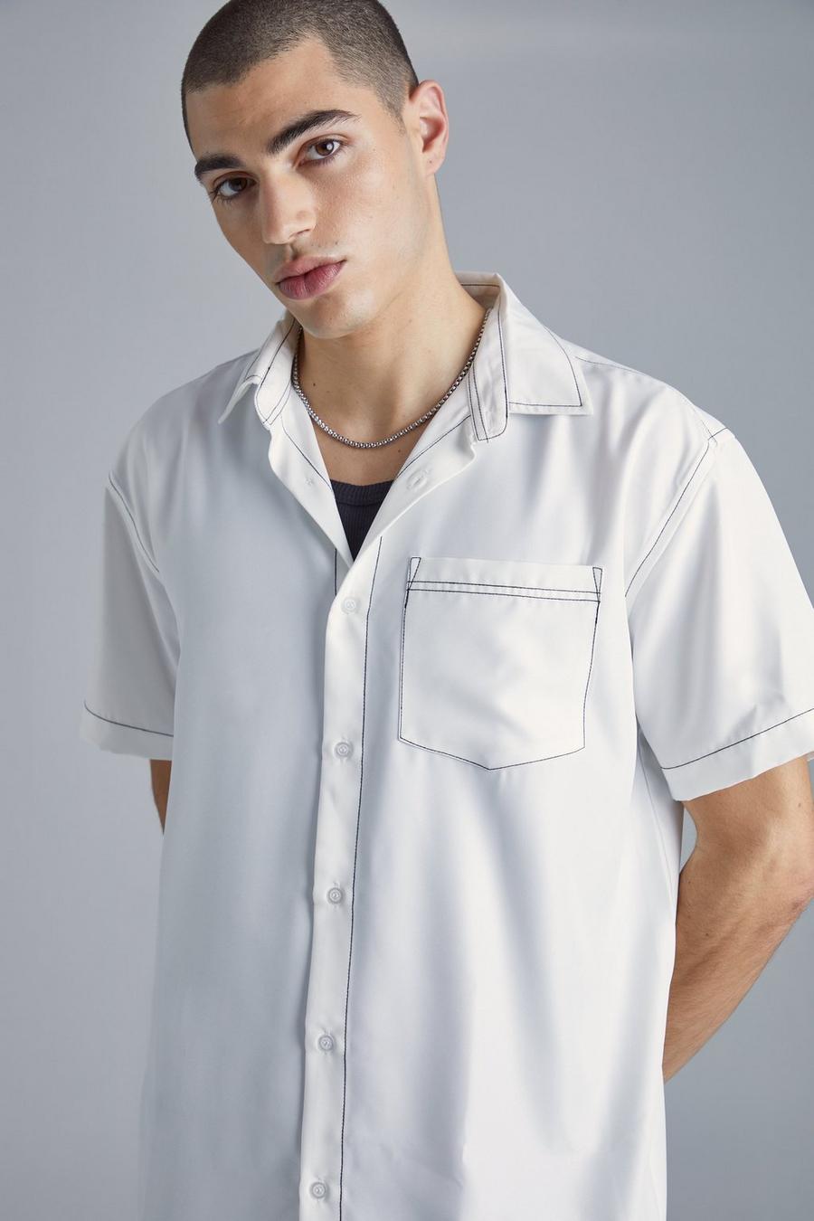 Chemise oversize à coutures contrastantes, White
