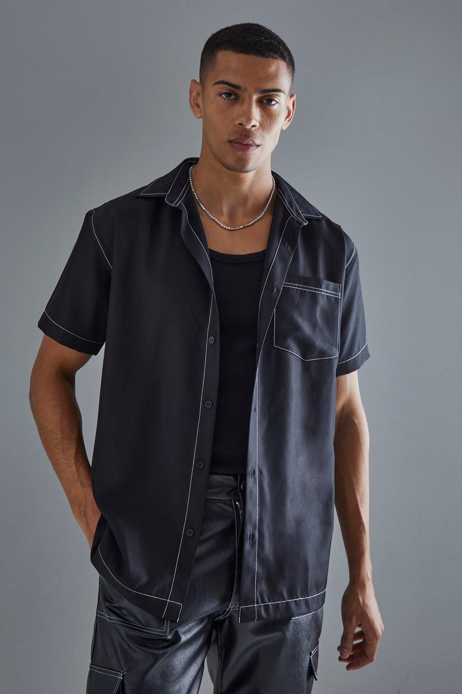 Camicia oversize in twill morbido con cuciture a contrasto, Black