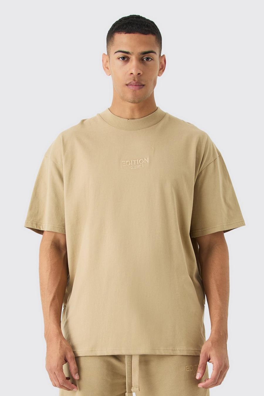 Camiseta oversize gruesa con cremallera en el bajo y estampado de EDITION, Taupe