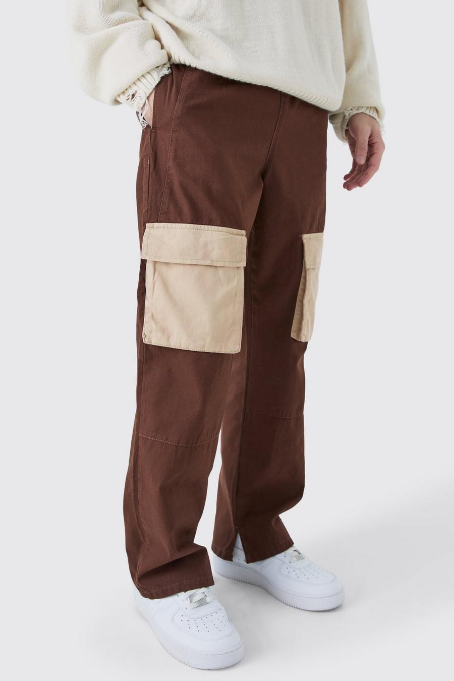 Pantalón de sarga con cintura elástica y bolsillos en contraste, Brown