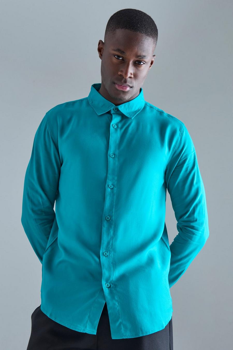 Blue Effen Viscose Overhemd Met Lange Mouwen image number 1