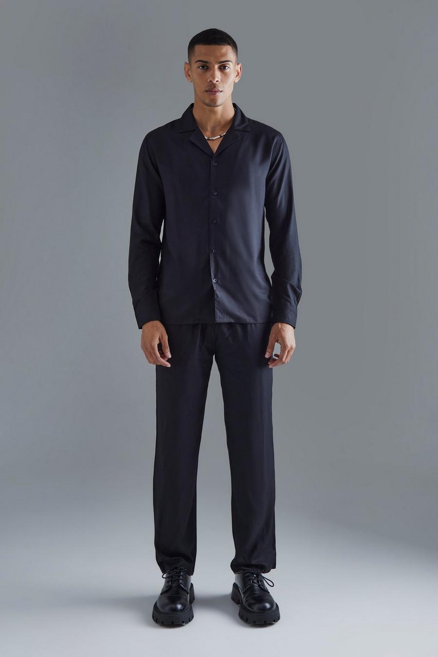 Black Plain Viscose Long Sleeve Shirt And Trouser