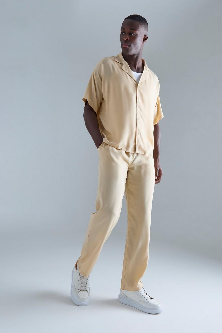 Camicia squadrata in viscosa in tinta unita & pantaloni, Taupe