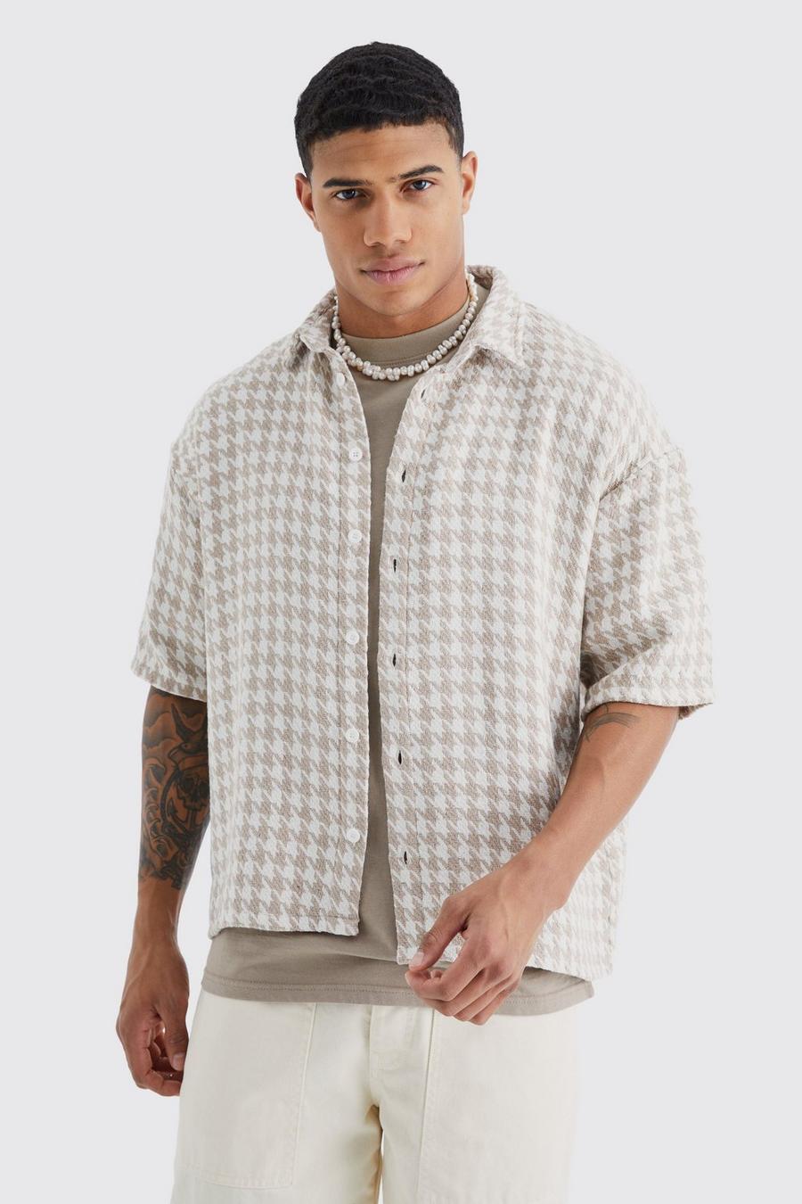 Taupe Oversize kortärmad skjorta i jacquardväv