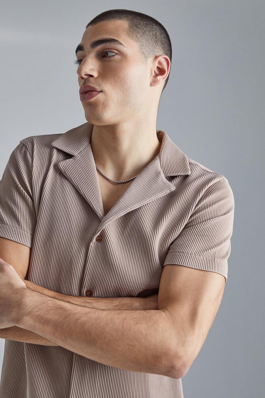 Mocha Pleated Muscle Fit Revere Shirt