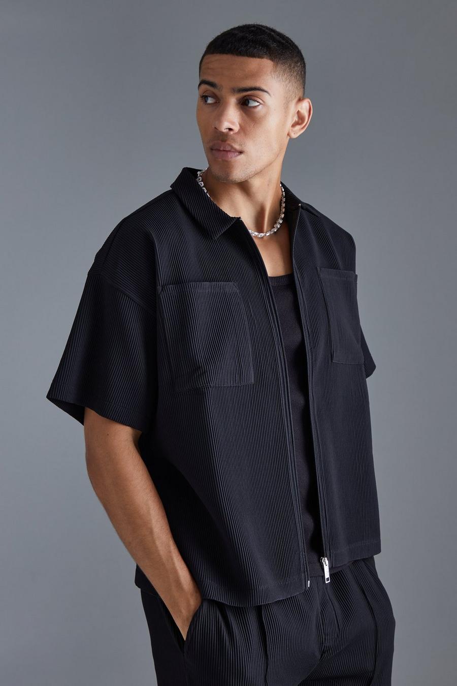 Camisa plisada recta de manga corta con cuello y cremallera, Black