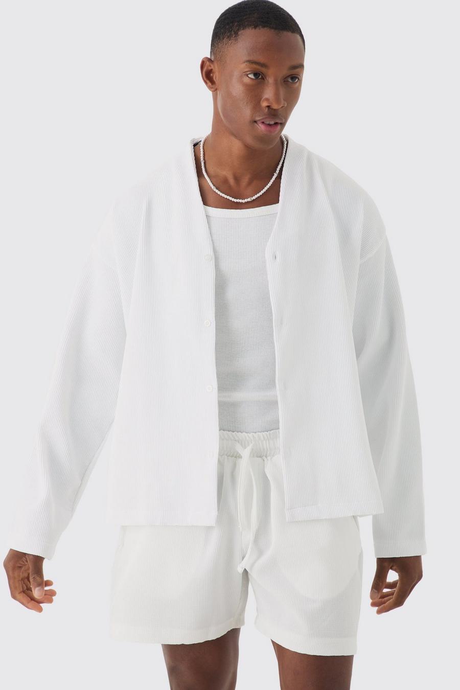 White Geplooid Boxy Overhemd Met Lange Mouwen