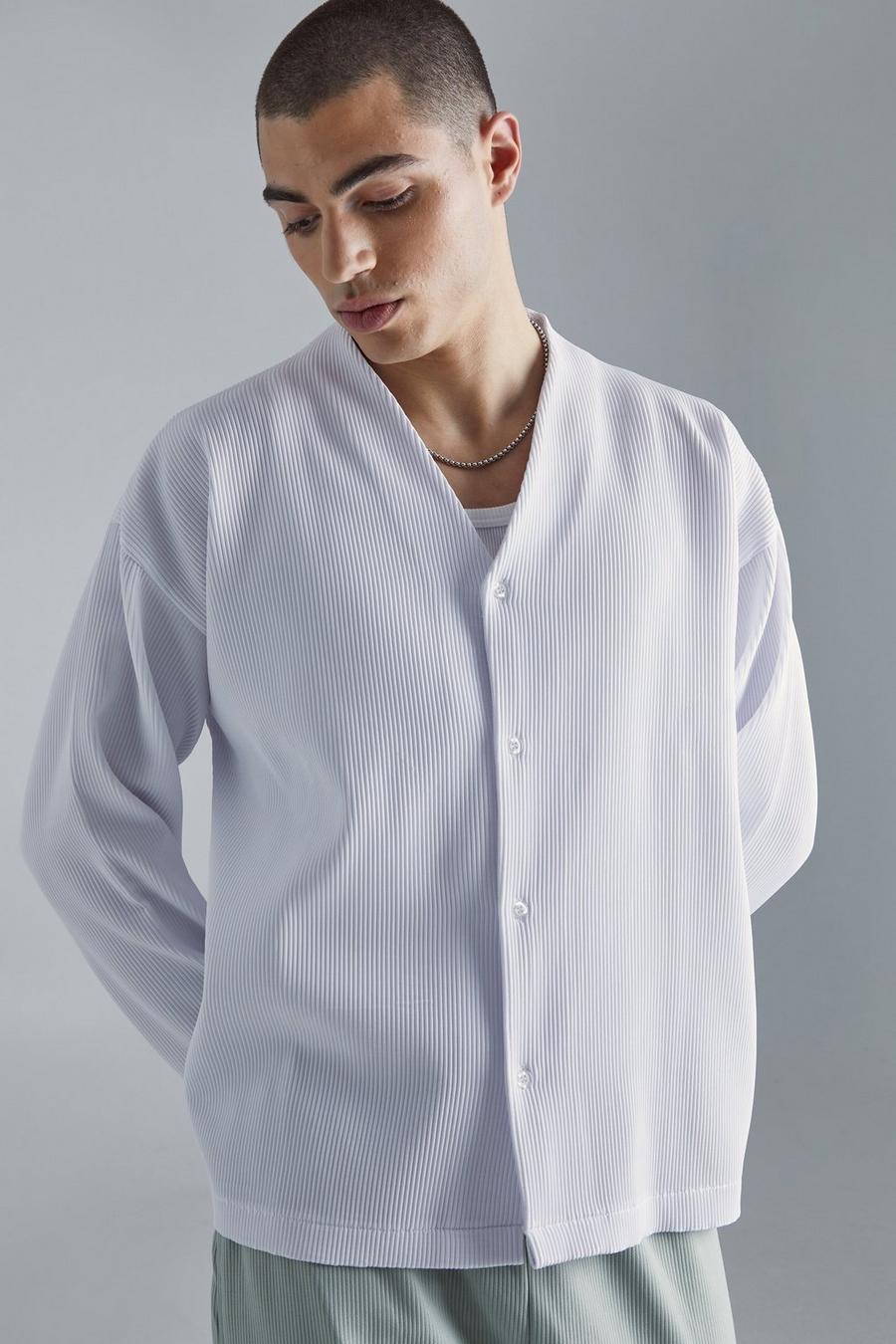 Camisa recta plisada de manga larga, White