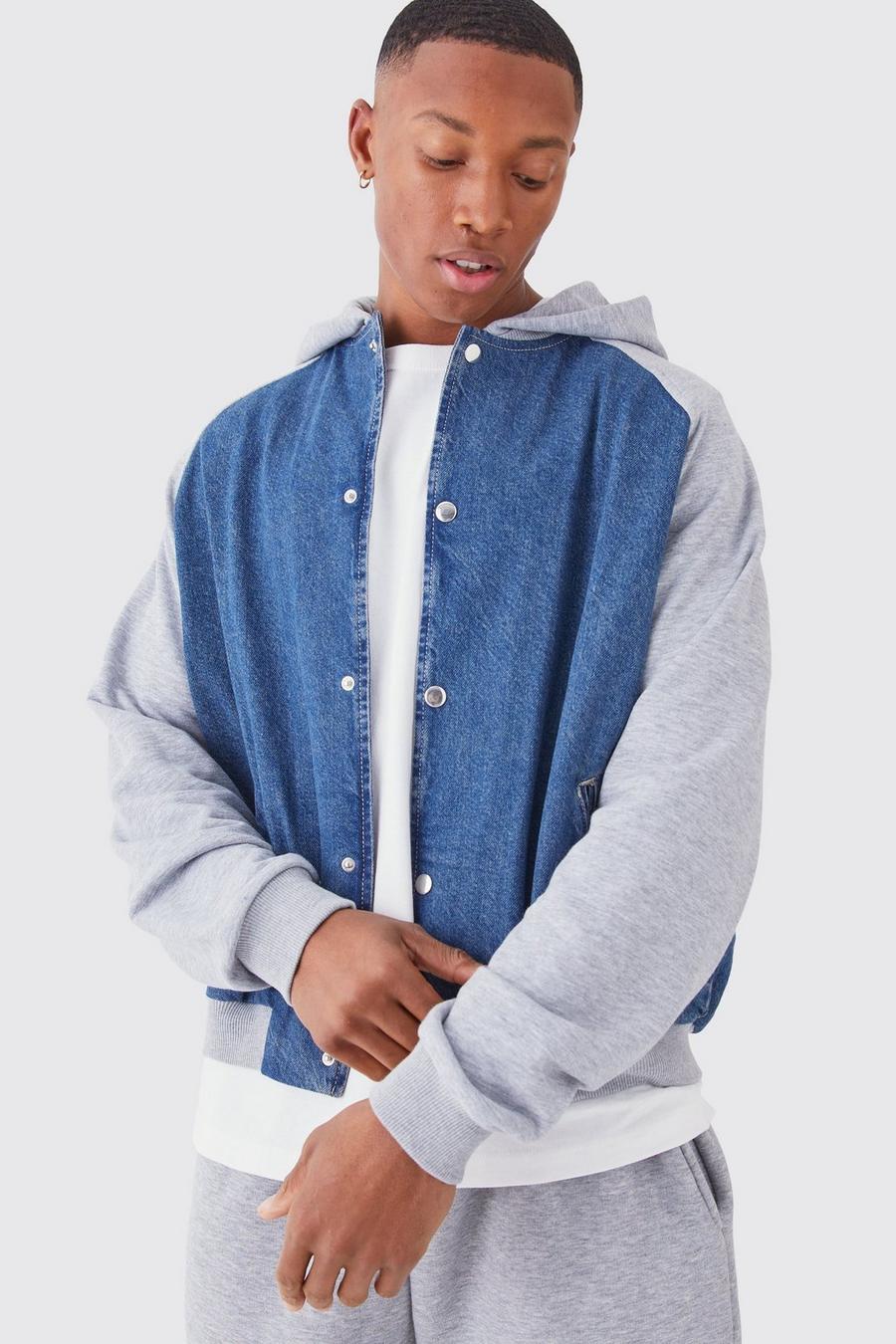 Antique blue Boxy Fit Jersey And Denim Hooded Bomber