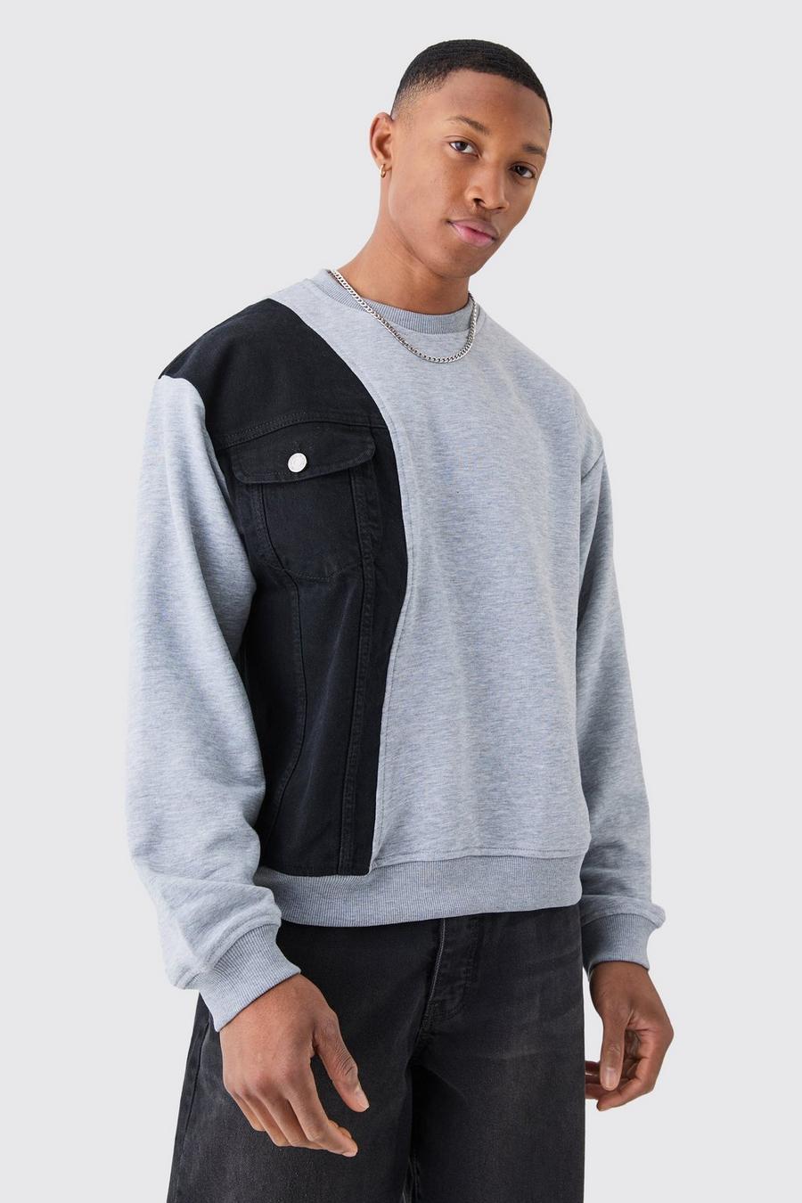 Washed black Oversized Boxy Spliced Jersey And Denim Sweater image number 1