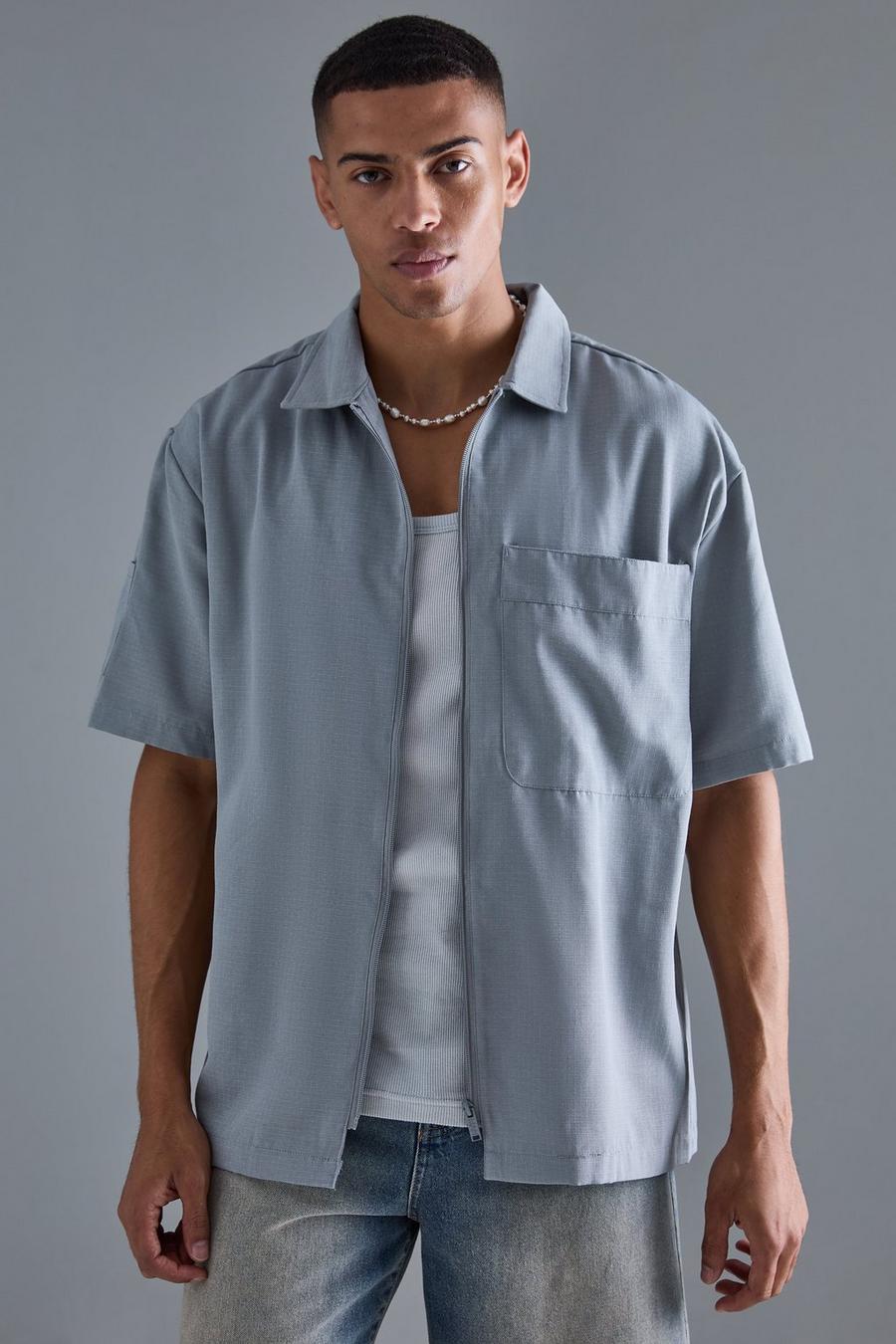 Camicia squadrata oversize in nylon ripstop con zip, Slate blue image number 1