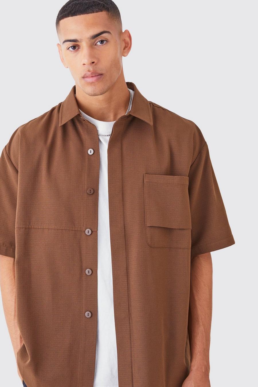 Camicia squadrata oversize in nylon ripstop, Chocolate image number 1