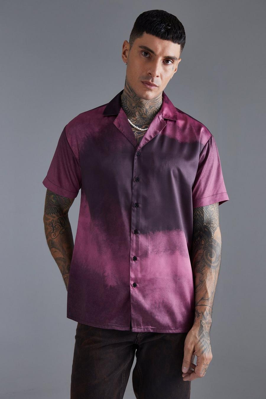 Purple Oversized Satijnen Ombre Overhemd Met Korte Mouwen