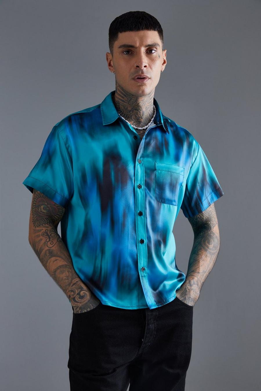 Kurzärmliges kastiges Batik Satin-Hemd, Blue