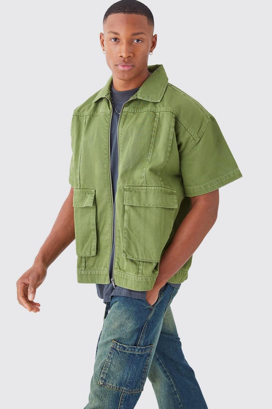 Camisa de manga corta y sarga con bolsillos 3D, Khaki