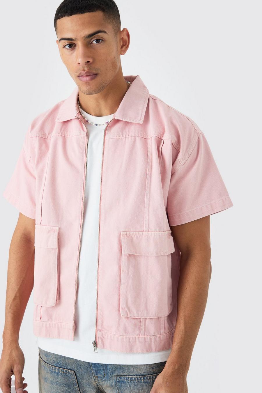 Kurzärmliges Twill Hemd mit 3D Tasche, Dusty pink
